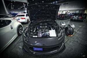 A high-performance sports car on a dynamometer, undergoing tuning and testing for optimal power and efficiency.